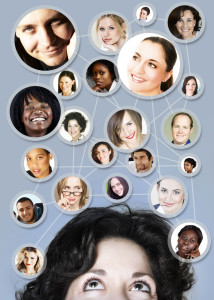 caucasian woman with her social network friends and business partners in a diagram
