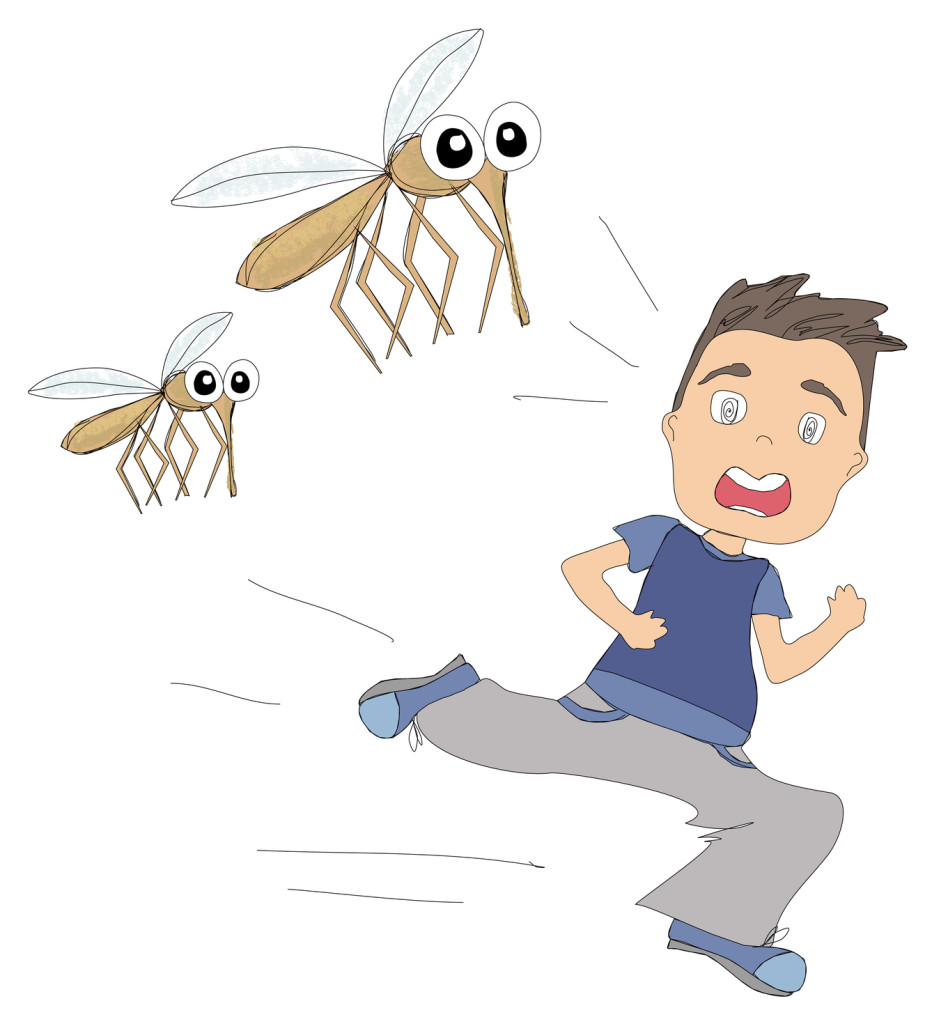 cartoon of boy running away from mosquitoes