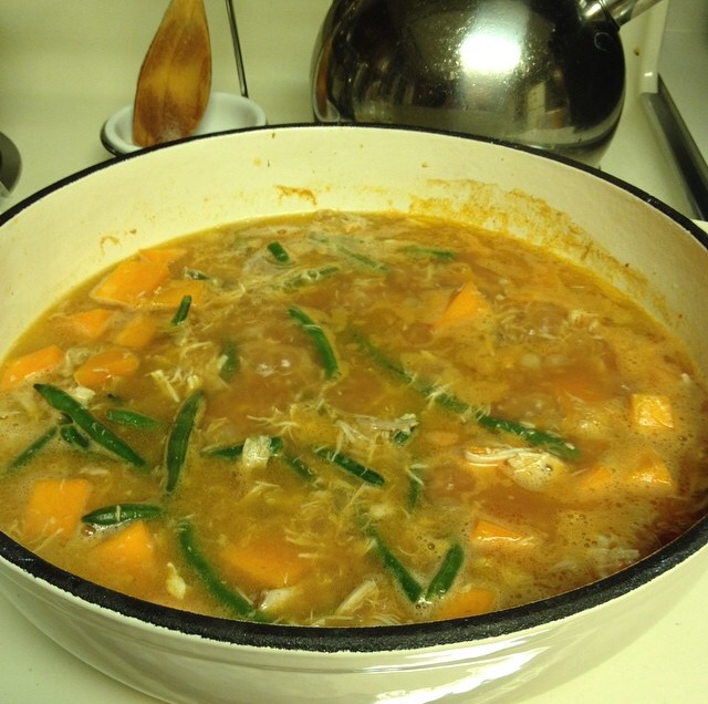 Dutch oven filled with Moroccan Chicken and Butternut Squash soup
