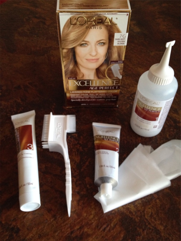 the contents of the L'Oreal Excellence Age Perfect hair color kit