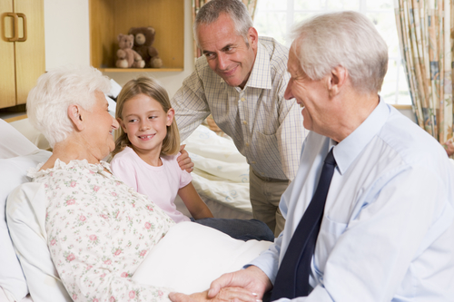 family visiting with a senior