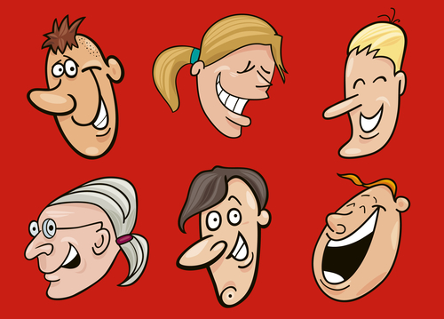 cartoon image of 6 laughing faces