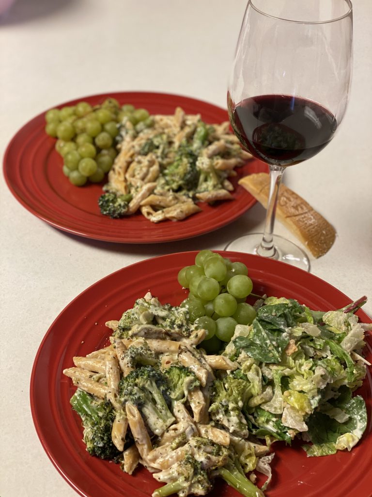 Vegetarian Alfredo Pasta with Caesar Salad and Grapes