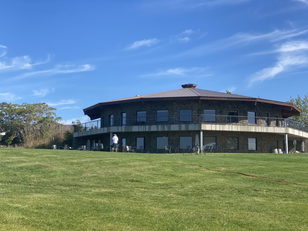 Looking up to the tasting room and offices at Cave B