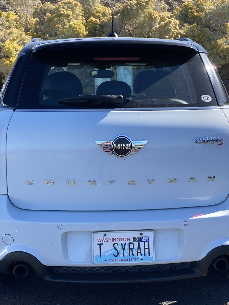 Tia's car with license plate T Syrah