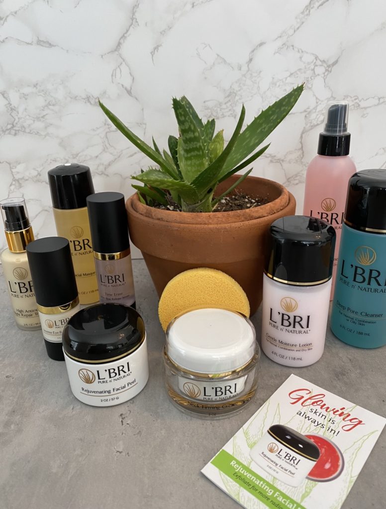 L'BRI products surrounding a terra cotta pot of aloe vera.