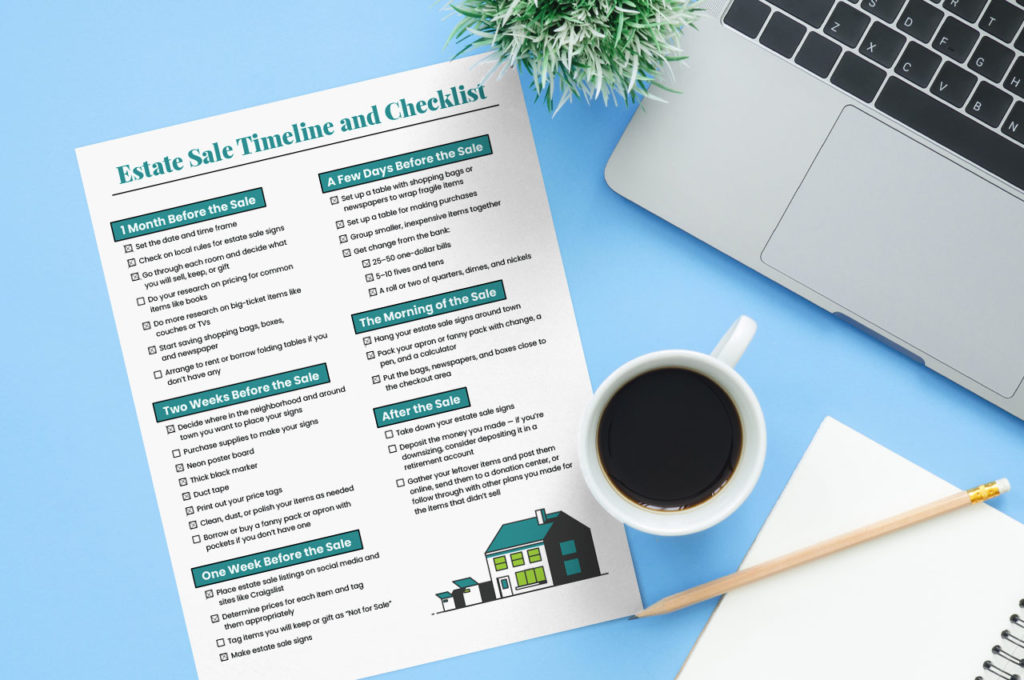 A flat lay of the Estate Sale checklist on a blue table. Beside it is a white cup of black coffee, a notepad and pencil and the edge of a laptop.