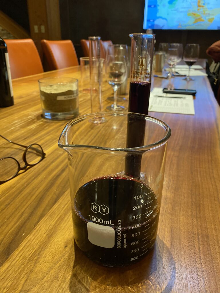 beakers and graduated cylinders with wine in them.